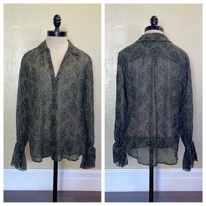 Paige Abriana Silk Shirt Blouse Top Army Green Multi Size Medium